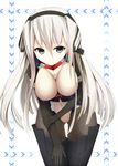  android black_eyes black_legwear bodysuit boots breasts cleavage headdress highres horizon_ariadust kuroneko_shiro kyoukaisenjou_no_horizon large_breasts leaning_forward long_hair pantyhose silver_hair solo thigh_boots thighhighs 