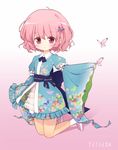  adapted_costume blush bug butterfly butterfly_hair_ornament child hair_ornament insect japanese_clothes kneeling pink_eyes pink_hair saigyouji_yuyuko short_hair smile socks solo tona_(nekotte) touhou white_legwear 