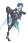  blue_hair green_eyes maria_traydor muscle simple_background smile solo square_enix star_ocean star_ocean_till_the_end_of_time 