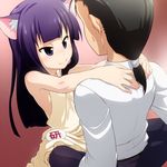  animal_ears apron black_hair black_legwear cat_ears hands_on_shoulders highres kemonomimi_mode long_hair naked_apron otoo_hyougo purple_eyes purple_hair sitting sitting_on_person smile sweatdrop takeda_yukimura thighhighs working!! yamada_aoi 