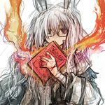  animal_ears bandages book copyright_request fire fujiwara_akina glasses long_hair lowres red_eyes sketch solo white_hair 
