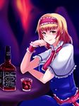  alcohol alice_margatroid blonde_hair bottle breasts capelet dress earrings frills glass hairband highres jack_daniel's jewelry looking_at_viewer product_placement sekitaku small_breasts smile solo touhou whiskey wrist_cuffs yellow_eyes 