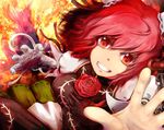  amekosame bandages breasts bun_cover chain chinese_clothes cuffs double_bun false_arm false_limb flower grin hands ibaraki_kasen large_breasts looking_at_viewer open_hand pink_eyes pink_flower pink_hair pink_rose rose shackles short_hair skirt smile solo touhou 