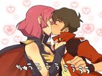  1girl blush breasts bridal_gauntlets brown_hair cape cleavage closed_eyes clothes_grab couple full-face_blush gundam gundam_zz haman_karn heart heart_background hetero jacket jacket_grab judau_ashta kiss large_breasts pink_hair short_hair ufuto 