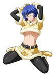  blue_hair breasts costume eyepatch female girl gloves highres ikkitousen legwear pantyhose ryomou_shimei shiny shiny_clothes short_hair sitting sleeves smile solo stockings thighhighs underboob 