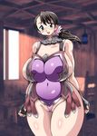  apron armor bar blue_eyes breasts brown_hair cattleya chair curvy erect_nipples fingerless_gloves flower glasses gloves hair_ornament highres hips housewife huge_breasts kawamoto_hiroshi milf open_mouth panties plump ponytail queen&#039;s_blade queen's_blade sideboob solo standing table thick_thighs thighs underwear wide_hips window 
