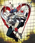  1girl alex_ahad bandages blood blue_hair body_bag breasts cleavage dress fighting_stance gloves hair_over_one_eye hat heart intravenous_drip lab_zero_games large_breasts mask nurse nurse_cap official_art red_eyes saw scalpel short_dress skullgirls solo stethoscope sword symbol-shaped_pupils syringe valentine_(skullgirls) weapon 
