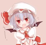  ascot bat_wings blue_hair blush brooch dress face hat hat_ribbon jewelry open_mouth pink_dress red_eyes remilia_scarlet ribbon shize_(coletti) short_hair solo tears touhou translated upper_body v_arms wings 