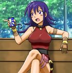  bare_shoulders bench blue_hair breasts choker crossed_legs duel_masters fingerless_gloves gloves halter_top halterneck juice_box matsu-sensei medium_breasts meme parody pointing purple_eyes sitting solo tasogare_mimi thigh_strap to_aru_majutsu_no_index 