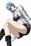  blue_hair bra eyepatch female girl highres ikkitousen lingerie mouyuu_(ikkitousen) short_hair shorts sitting smile solo underwear 