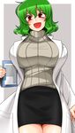  :d blush breasts clipboard coat green_hair grey_background holding huge_breasts kazami_yuuka labcoat miniskirt open_clothes open_coat open_mouth pencil_skirt red_eyes short_hair simple_background skirt smile solo sweater touhou unadare 