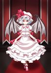  bat_wings blouse bobby_socks curtsey dress hat hat_ribbon highres lace lavender_hair mary_janes red_eyes remilia_scarlet ribbon shoes short_hair smile socks solo t2r touhou wings wrist_cuffs 