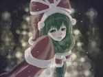  ashinuu_(azy) bow capelet christmas dress elbow_gloves front_ponytail gloves green_eyes green_hair hair_bow hair_ribbon hat kagiyama_hina red_capelet ribbon santa_costume santa_hat snow solo touhou 