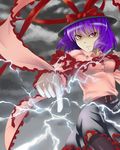  black_legwear cloud dress_shirt electricity frills gloves hat hat_ribbon light_smile nagae_iku purple_hair red_eyes ribbon sanagi_(diohazard) scarf shirt short_hair skirt solo storm_cloud thighhighs touhou 