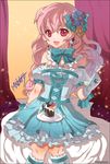  bad_id bad_pixiv_id bare_shoulders bow cake dish dress earrings food gloves hair_ornament jewelry lace long_hair midworld original pink_eyes pink_hair ring solo wavy_hair 