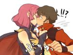  1boy 1girl blush breasts bridal_gauntlets brown_hair cape cleavage closed_eyes clothes_grab couple full-face_blush green_eyes gundam gundam_zz haman_karn hetero jacket jacket_grab judau_ashta kiss large_breasts pink_hair short_hair simple_background surprised ufuto white_background 