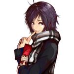  finger_to_mouth idolmaster idolmaster_(classic) index_finger_raised kikuchi_makoto papanda64 purple_eyes purple_hair scarf short_hair simple_background smile solo white_background 