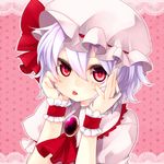  :p ascot bad_id bad_pixiv_id brooch face hands_on_own_cheeks hands_on_own_face hat jewelry lavender_hair red_eyes remilia_scarlet short_hair solo tongue tongue_out touhou upper_body wrist_cuffs yutazou 