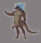  2018 anthro argonian balls biceps big_muscles big_penis blue_feathers brown_scales erection feathers hair hi_res huge_penis long_hair male mickey_the_retriever musclegut muscular muscular_male navel nipples overweight pecs penis pose scales scalie solo standing the_elder_scrolls vein video_games 