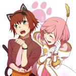  alternate_costume blush bracelet brown_hair cat_teaser estellise_sidos_heurassein green_eyes hairband heart jewelry multiple_girls necktie pink_hair rita_mordio short_hair smile suguru_(godai_fifth) sweatdrop tail tales_of_(series) tales_of_vesperia 