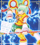  bad_id bad_pixiv_id blue_eyes chinese_clothes detached_sleeves dragon_kid electricity green_eyes green_hair hat highres huang_baoling marker_(medium) ponytail short_hair shorts solo staff superhero thighhighs tiger_&amp;_bunny traditional_media w0ru 