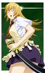  apron blonde_hair closed_eyes ichikawa_masahiro katana long_hair open_mouth perspective skirt solo surprised sword todoroki_yachiyo waitress weapon working!! 