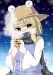  &gt;_&lt; blonde_hair blush closed_eyes cup dress green_hair masiromu moriya_suwako pyonta scarf snow solo steam touhou 