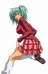  female footwear girl green_eyes green_hair highres ikkitousen miniskirt ryofu_housen school_uniform short_skirt skirt smile socks solo 