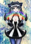  akubi_(fyfy) bad_id bad_pixiv_id black_hair blue_eyes breasts cleavage dress elbow_gloves gloves hatsune_miku long_hair medium_breasts mismatched_legwear pantyhose rainbow smile solo striped twintails vocaloid 
