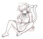  animal_ears barefoot cat_ears cat_tail chen comic earrings feet jewelry kuro_suto_sukii monochrome multiple_tails sitting sketch smile soles solo tail toes touhou 