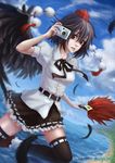  camera cloud day feathers hat looking_at_viewer nagumo_(qmzp10) shameimaru_aya smile solo thighhighs tokin_hat touhou wings zettai_ryouiki 