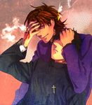  bad_id bad_pixiv_id brown_eyes brown_hair command_spell covering_face cross dual_persona fate/stay_night fate/zero fate_(series) hali kotomine_kirei male_focus multiple_boys time_paradox younger 