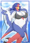  avian big_breasts blue_eyes blue_hair blush bottomless bra breasts cleavage clothed clothing female hair half-dressed long_hair looking_at_viewer navel nintendo one_eye_closed pok&#233;mon pok&#233;morph pok&eacute;mon pok&eacute;morph skimpy solo standing standing_on_one_foot swellow underwear video_games wide_hips wink ymbk 