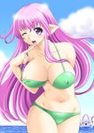  1girl bikini breasts elf erect_nipples large_breasts long_hair nipples original pink_hair pointy_ears purple_eyes smile squid swimsuit tenshou_akira tenshyou wink 