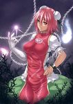  bandages breasts bun_cover chinese_clothes cuffs double_bun flower highres hitodama houtengeki ibaraki_kasen large_breasts pink_flower pink_hair pink_rose rose shackles short_hair solo touhou 