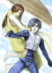  1girl barefoot bow brown_eyes brown_hair dress grey_hair highres kamina_ayato long_hair mishima_reika okitsune_(kitsunegako) pilot_suit rahxephon red_eyes short_hair sundress 