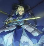  1girl ahoge armor armored_dress artoria_pendragon_(all) back-to-back black_hair blonde_hair dress excalibur fate/zero fate_(series) faulds gae_buidhe gae_dearg gauntlets glowing glowing_sword glowing_weapon green_eyes hair_ribbon hatoyoshi lancer_(fate/zero) polearm ribbon saber spear sword weapon 