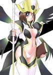  armor blue_eyes blush bodysuit book breasts brown_hair cleavage fingerless_gloves gloves hat long_coat lyrical_nanoha mahou_shoujo_lyrical_nanoha_strikers medium_breasts navel sakura_ryuuken schwertkreuz short_hair solo staff strapless_bottom tome_of_the_night_sky wings yagami_hayate 