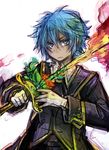  blue_eyes blue_hair copyright_request fire flower fujiwara_akina gloves male_focus red_flower red_rose rose sketch solo sword weapon 
