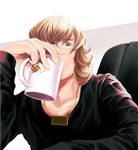  barnaby_brooks_jr blonde_hair chair cup drink glasses green_eyes jewelry long_sleeves male_focus mug necklace ocu83 solo tiger_&amp;_bunny 