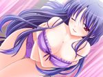  1girl blue_hair blush bra breasts character_request cleavage game_cg kiryuu_kiri large_breasts lingerie long_hair ninoko panties purple_bra purple_panties red_eyes sacred_vampire silver_bullet_automatic smile solo source_request underwear underwear_only wink 