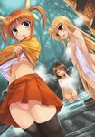  blonde_hair blue_eyes brown_hair convenient_censoring covering dutch_angle fate_testarossa kouno_hikaru long_hair lyrical_nanoha mahou_shoujo_lyrical_nanoha mahou_shoujo_lyrical_nanoha_a's multiple_girls navel nude nude_cover orange_shirt panties red_eyes shirt skirt steam steam_censor takamachi_nanoha thighhighs towel underwear undressing upskirt yagami_hayate 