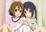  black_hair brown_eyes brown_hair errant heart heart_hands heart_hands_duo hirasawa_yui k-on! long_hair looking_at_viewer multiple_girls nakano_azusa smile twintails 