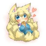  aburaage animal_ears bad_id bad_pixiv_id blonde_hair blue_dress blue_eyes blush chibi dress eating fang food fox_ears fox_tail heart highres multiple_tails no_hat no_headwear rebecca_(keinelove) short_hair sitting_on_own_tail solo tail touhou yakumo_ran 