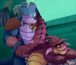  2018 ahegao anthro arm_wraps belly big_belly blue_scales bubba_(spyro) crossed_arms cum cum_from_ass cyprin_(spyro) dragon duo eyes_closed front_view half-closed_eyes hat invalid_tag looking_pleasured lying male male/male muscular muscular_male onomatopoeia red_scales scales sex smile smoke sound_effects spectral-bat spyro_reignited_trilogy spyro_the_dragon standing video_games wheelbarrow_position wings wraps 