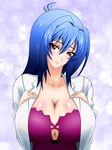  bad_hands blue_hair blush breast_squeeze breasts cleavage huge_breasts labcoat maken-ki maken-ki! nijou_aki no_bra 