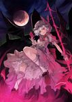  ascot bat_wings blue_hair building card dress fangs flying hat highres holding holding_card kneehighs loafers magic_circle moon nail_polish nanahara_fuyuki night night_sky red_eyes remilia_scarlet revision shoes short_hair silhouette sky slit_pupils solo spear_the_gungnir touhou white_legwear wings wrist_cuffs 