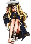  bad_id bad_pixiv_id bandage_over_one_eye barefoot blonde_hair blue_eyes cosplay crossdressing full_body hat long_hair oliver_(vocaloid) oliver_(vocaloid)_(cosplay) sailor_hat seeu simple_background sitting smile solo vocaloid 