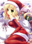  absurdres bare_shoulders blonde_hair blush bridal_gauntlets candy candy_cane christmas dress food fujisaki_rei gift green_eyes hat highres long_hair original pantyhose reclining red_legwear sack santa_costume santa_hat short_dress smile solo tail 