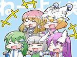  animal_ears blonde_hair blush brown_hair bunny_ears chibi ekus_(xo_ekus) gradient_hair green_hair hijiri_byakuren kochiya_sanae konpaku_youmu laughing multicolored_hair multiple_girls odd_one_out open_mouth pointing purple_hair reisen_udongein_inaba silver_hair simple_background tears touhou yakumo_ran 